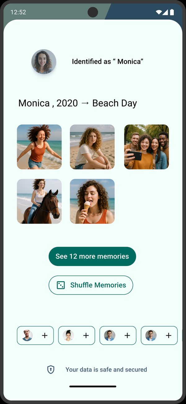 Memories app: photos recognised as Monica, grouped as 'Beach Day'