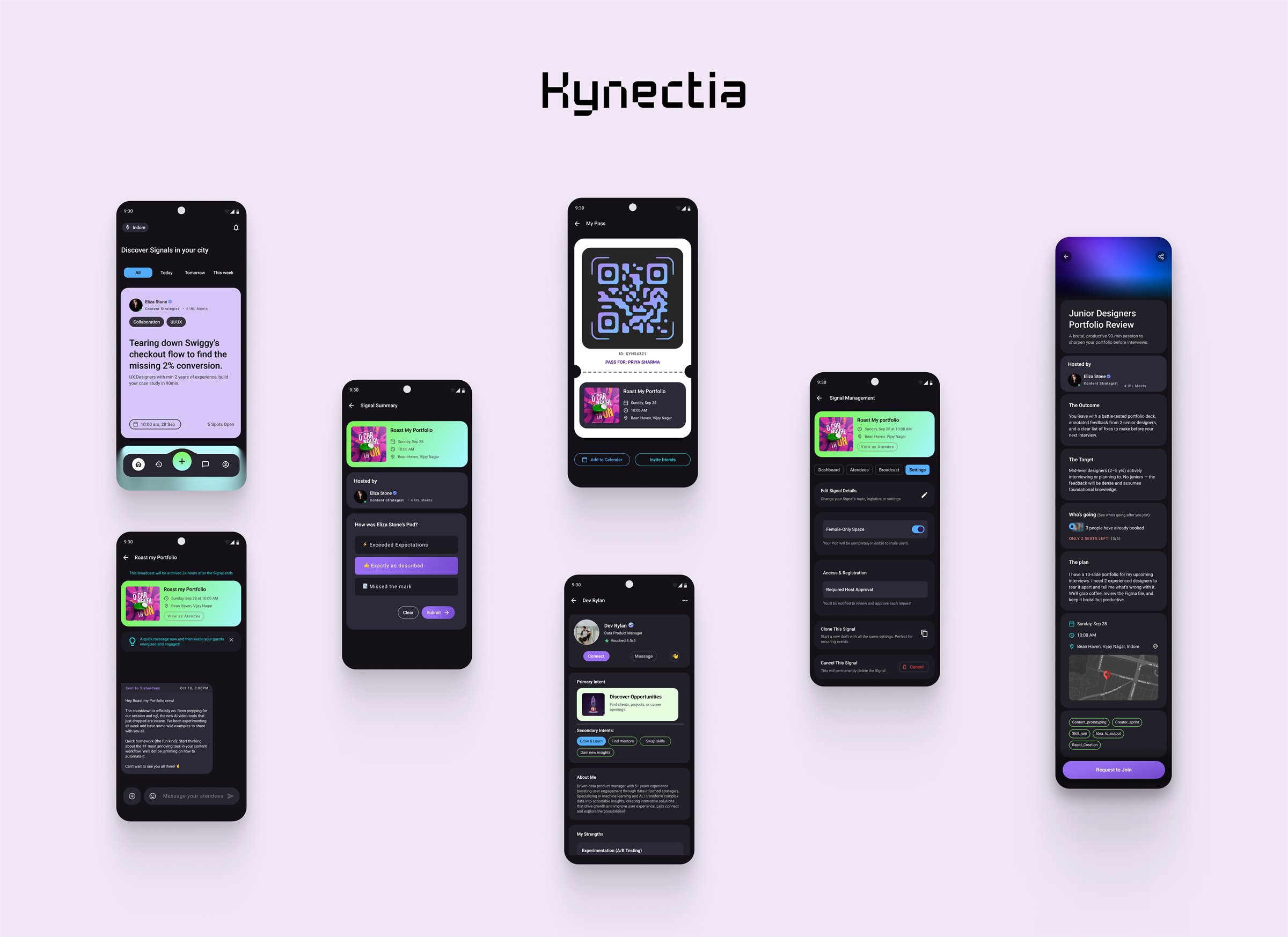 Kynectia app screens: discovering signals in your city, a signal's details, the host's signal management, the entry pass, a vouched profile, and the attendee broadcast
