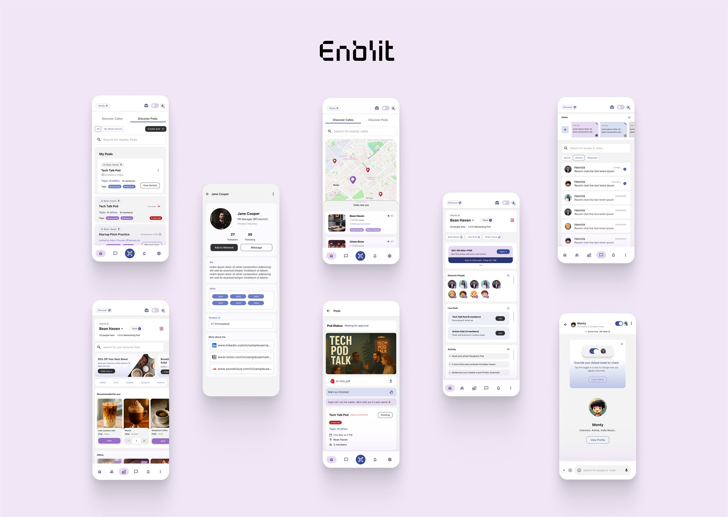 Enblit app screens: discover cafés and pods, a café's live room, a member profile, pods, chats, and in-venue ordering