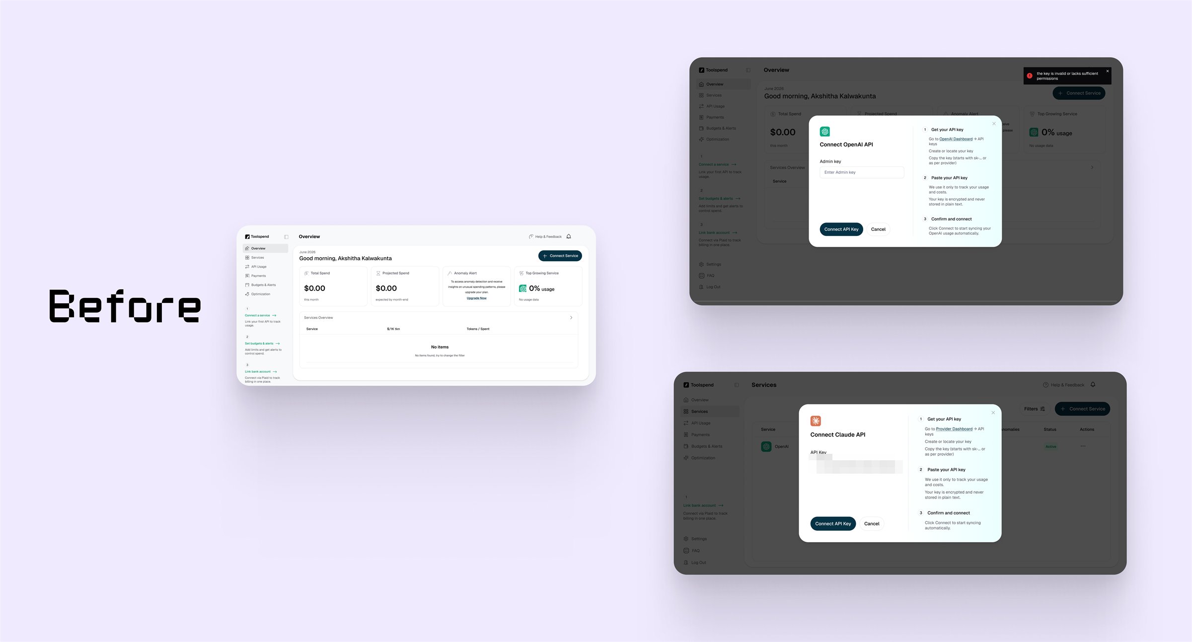Toolspend before the redesign: a blank overview at $0.00 with no data, a connect-API dialog behind a vague 'the key is invalid or lacks sufficient permissions' toast, and a generic Connect Claude API dialog
