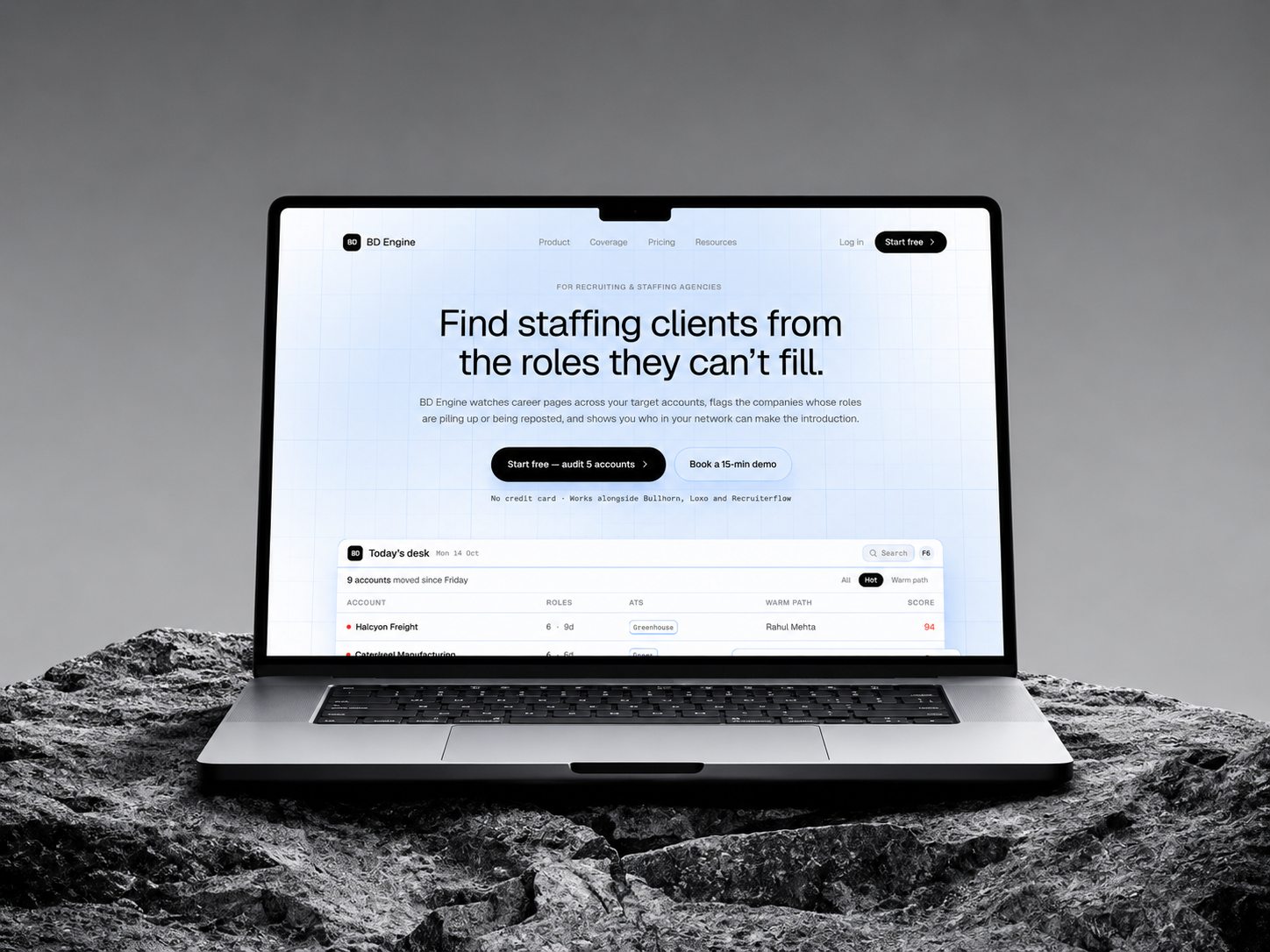 BD Engine landing page on a laptop